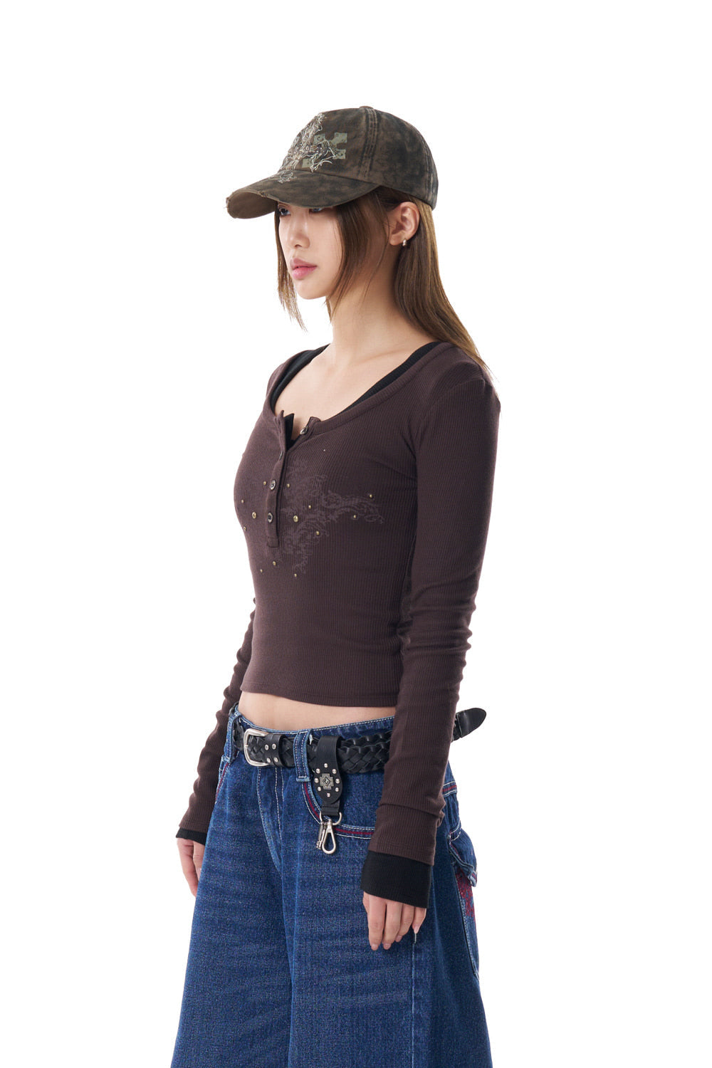 Studded Button Long Sleeve (Brown)